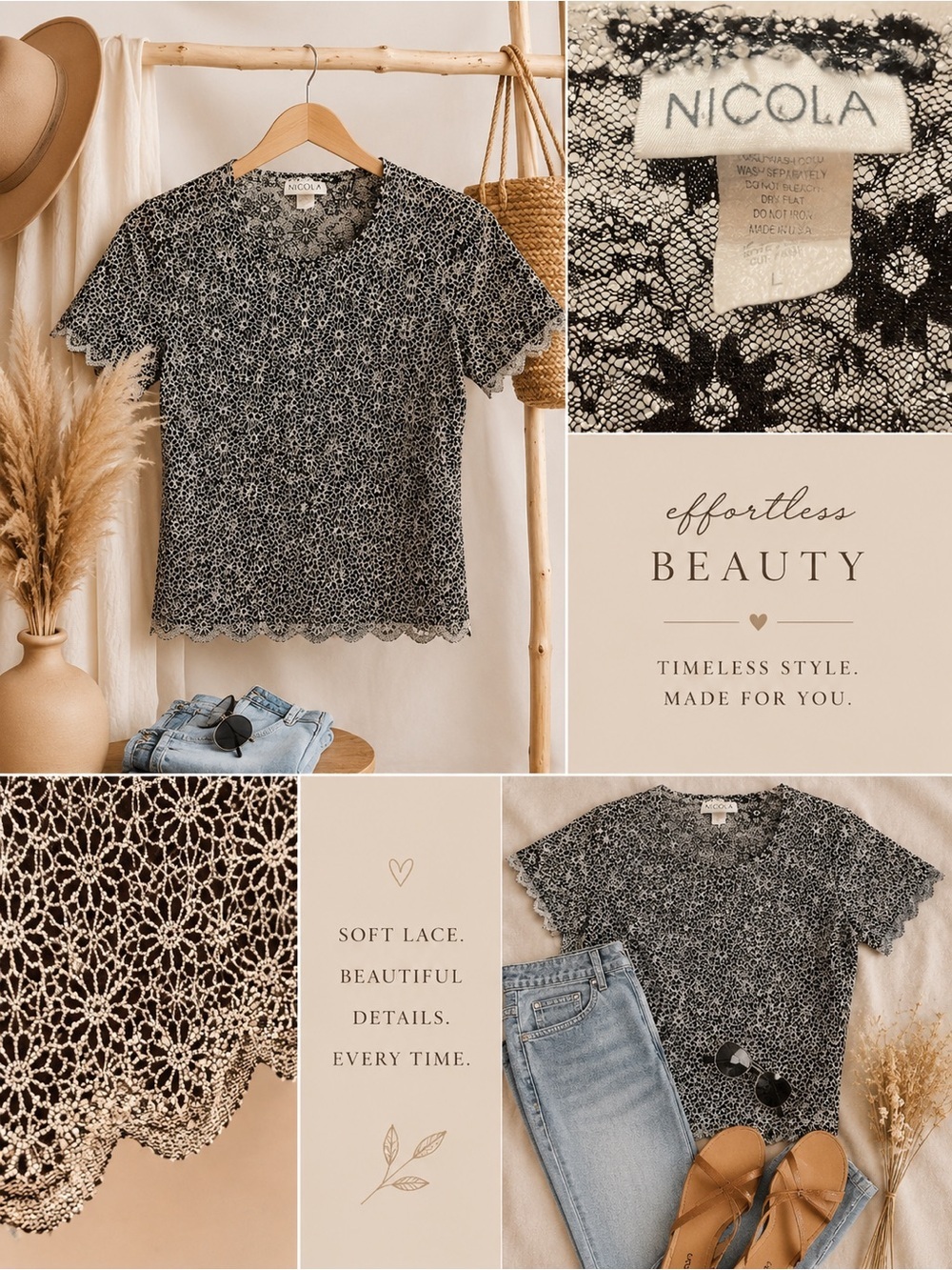 NICOLA Black Lace Short Sleeve Top with Scalloped Hem